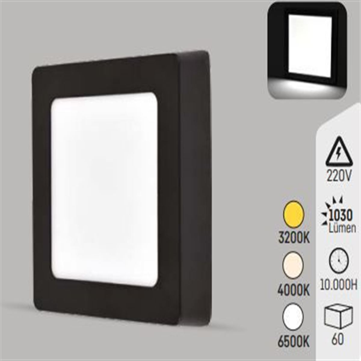 SİYAH KASA 12W S.Ü. KARE PANEL GÜNIŞIĞI 1